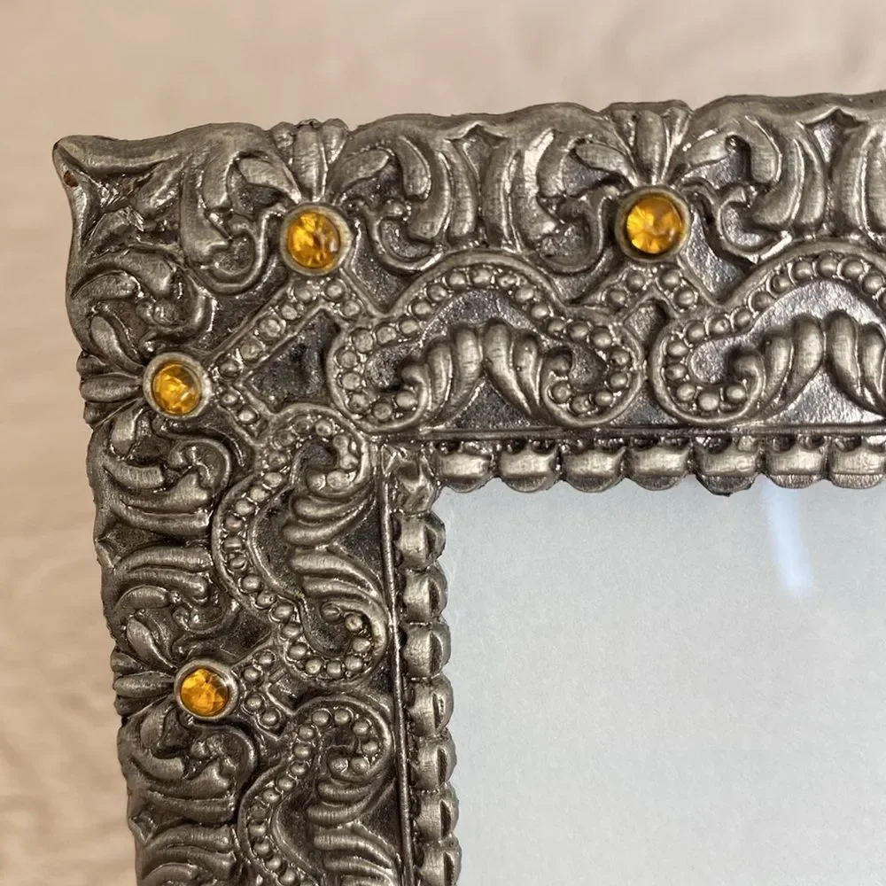 Picture frame beautiful etched detail yellow stone vintage unknown manufacturer